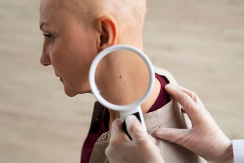 dermatologist in Porter Ranch examing patients neck for skin cancer